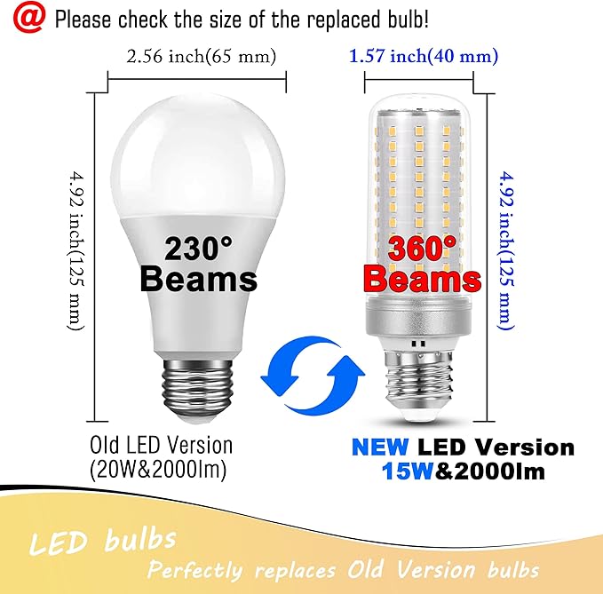 1.57 x 4.92 inch Big E26 15W LED Corn Bulbs 2000 Lumen 150 Watt Equivalent Incandescent Bulbs 4000K Natural White Candelabra Ceiling Fan LED Bulbs for Indoor Outdoor Home Garage Warehouse, 2 Pack - Bloomnest
