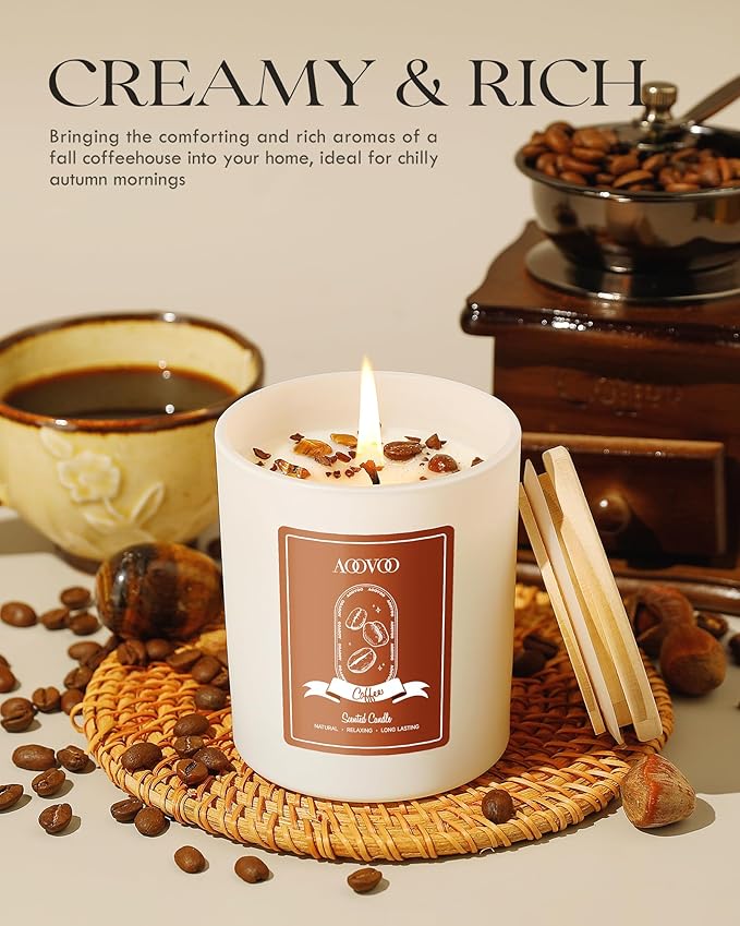 AOOVOO Macchiato Coffee Scented Candles for Women - Aromatherapy Candle with Crystals Inside, 10oz, 60H Burning Time, Soy Candles for Home Scented, Birthday Gifts Christmas Candle for Women Mom - Bloomnest