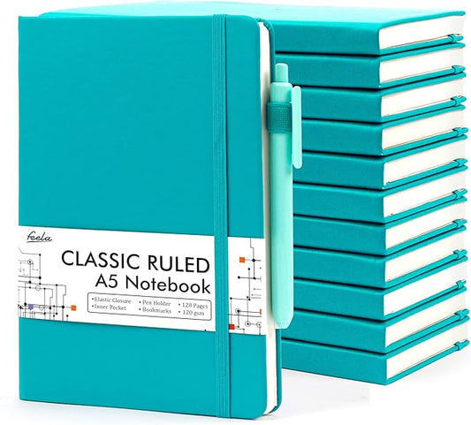 feela 12 Pack Notebooks Journals Bulk with 12 Black Pens, A5 Hardcover Notebook Classic Ruled Journal Set with Pen Holder for School Business Work Travel Writing, 120 GSM, 5.1”x8.3”, Emerald - Bloomnest