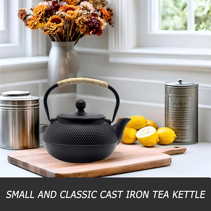 YJX Cast Iron Teapot Set with Cast Iron Warmer, Japanese Tetsubin Tea Kettle Set with Cups,Cast Iron Teapot with Stainless Steel Infuser and Enameled Interior(600ml Teapot Set Combination 1), Black - Bloomnest