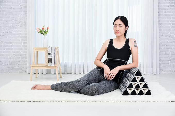 Leewadee Thai Triangle Cushion – Comfortable Backrest for TV or Reading, Wedge Pillow - Eco-Friendly Natural Kapok Filling, 20 x 13 x 13 inches, Black White - Bloomnest