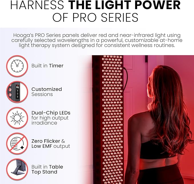 Hooga Red Light Therapy Panel Device – 660nm Red & 850nm Near Infrared Light Therapy, LED Light Therapy Lamp for Face & Body, Dual Chip LEDs, Timer, Adjustable Stand – PRO300 Hooga