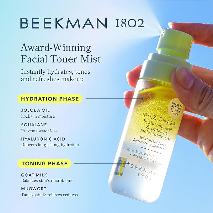 Beekman 1802 Milk Shake Mini Hydrating Face Mist - Hyaluronic Acid & Squalane Facial Mist Minimizes Pores & Gently Moisturizes, Goat Milk Skin Toner Spray, Lightweight, Fragrance Free, Travel Size - Bloomnest