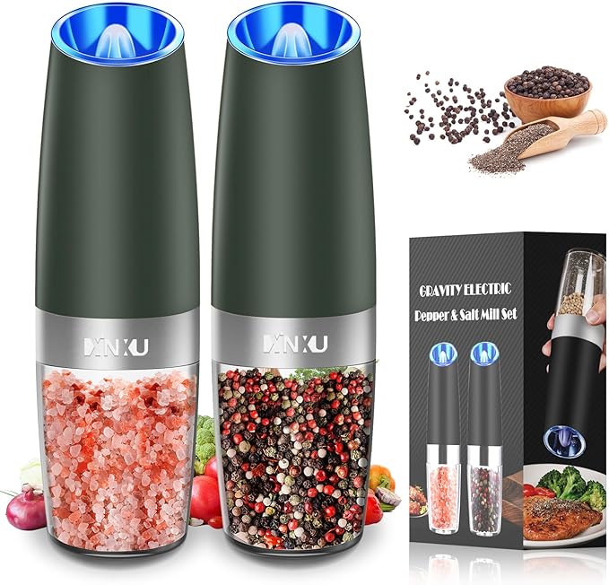 XinXu Gravity Electric Pepper and Salt Grinder Set, Adjustable Coarseness, with LED Light, One Hand Automatic Operation (Set/DarkGreen X) - Bloomnest