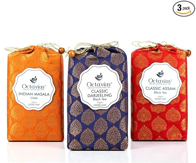 Octavius Indian Tea Collection in Handcrafted Pouches - 225 Gm | Assorted 3 Black Loose Leaf Teas | Indian Masala, Darjeeling, Assam | Premium Gift Box | 3 X 75 Each (2.64oz) - Bloomnest