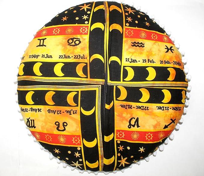 CRAFT KALA 32" Round Large Round Bohemian Floor Pillow Pouf Cover Mandala Meditation Room Pillow Cover for Adults Boho Seating Poufs Cushion Cover for Kids Playroom Yellow Zodiac - Bloomnest