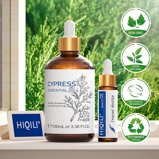 HIQILI 100ML Cypress Essential Oil, 100% Natural for Diffuser, Skin Care, Includes 10ML Travel Bottle - 3.38 Fl Oz - Bloomnest