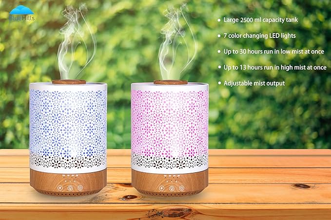 BlueHills 2500 ML Humidifier with Essential Oil Diffuser Combo Aroma Home Décor Design for Large Bed Bath Kids Baby Living Rooms Big Capacity LED Lights Scent Ultrasonic Cool Mist Wood Grain F006 - Bloomnest