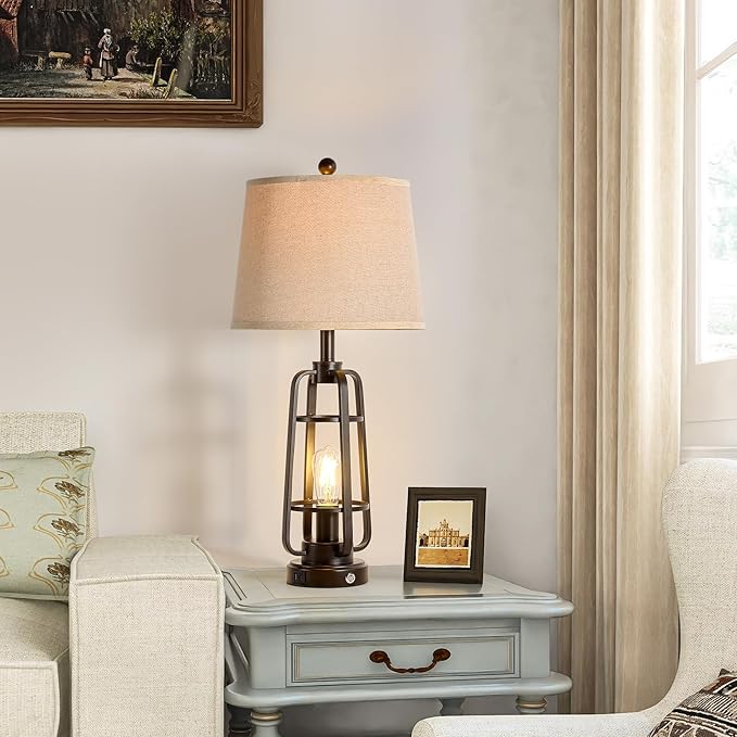 28.7" Table Lamps for Living Room Set of 2, Touch Lamps for Bedrooms with USB C+A Charging Ports, Farmhouse Lamps for Nightstands with Oil Rubbed Bronze Finish, Bulbs Included - Bloomnest
