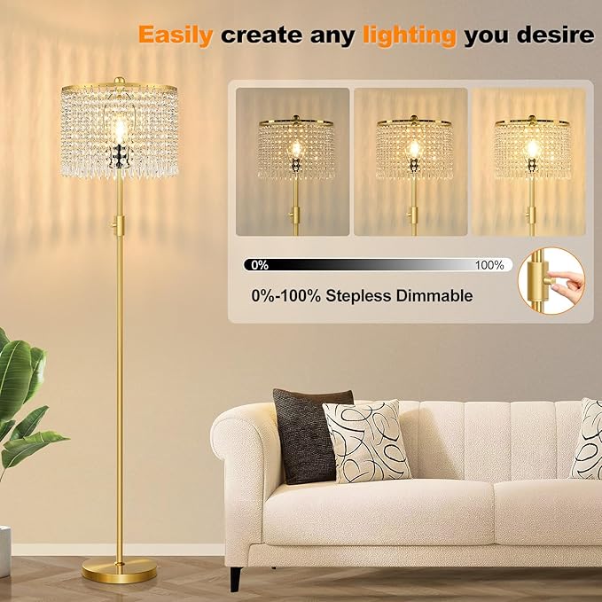 【Upgraded】 Dimmable Floor Lamps for Living Room, 1000LM LED Bulb Included, Standing Lamp with Crystal Lampshade, Tall Gold Pole Light for Bedroom Nursery Office Corner Reading - Bloomnest