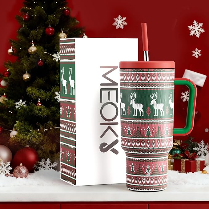 Meoky 40 oz Christmas Tumbler with Handle and Straw, Xmas Tumbler with Lid and Straw, Insulated Stainless Steel Travel Mug, Christmas Gifts for Women Men Adults (Jolly Reindeer) - Bloomnest
