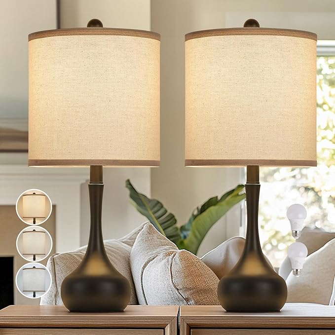 23" Modern Farmhouse Table Lamp Set of 2, Rustic Metal Bedside Lamps for Bedroom, Living Room, Office, Dorm - 3-Way Color Changing, Bulb Included, Home Decor - Bloomnest