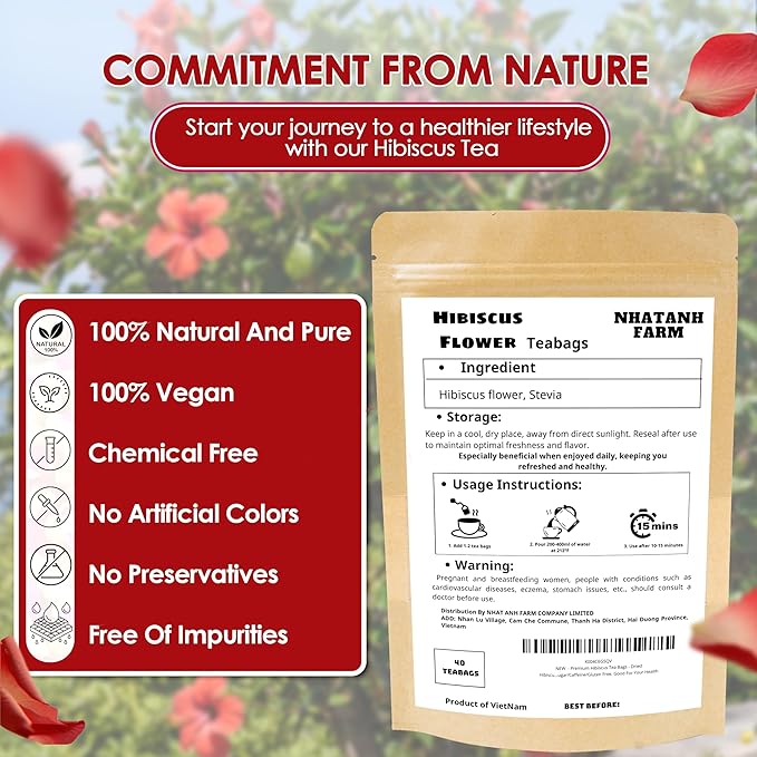 Premium Hibiscus Tea Bags - Dried Hibiscus Flower Tea Bags - 40 Teabags, 2.5g/bag), 100% Natural & Pure Hibiscus Flowers, Sugar/Caffeine/Gluten Free. Good For Your Health - Bloomnest