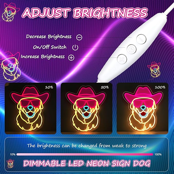Retisee Golden Retriever Neon Sign Wall Decor Wearing Glasses Dog with Cowboy Hat LED Neon Light Dimmable Pet Animal Sign for Dog Lover Living Room Shop Bar Birthday Party Accessory Birthday Gift - Bloomnest