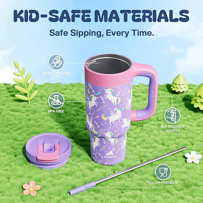 24 oz Kids Tumbler with Handle: Leakproof, Stainless Steel Cup with Straw Lid, BPA-Free, Insulated Water Bottle for School, Travel, Gift, Daycare, Home, Picnic, Outdoor Activities (Starlight Unicorn) - Bloomnest