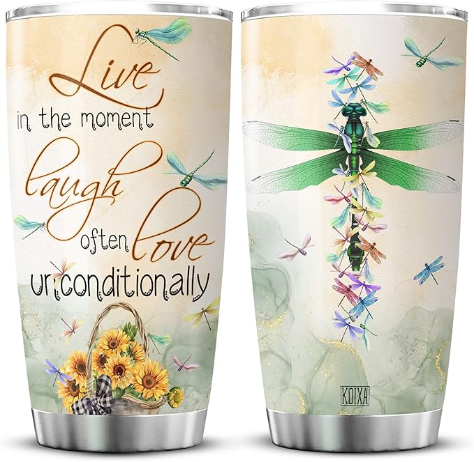 Live Laugh Love Dragonfly Insulated Tumbler 20 Oz Sunflowers Dragonflies Vintage Animal Print Coffee Cup With Lid Cute Dragonfly Things Motivational Birthday Gifts For Women - Bloomnest