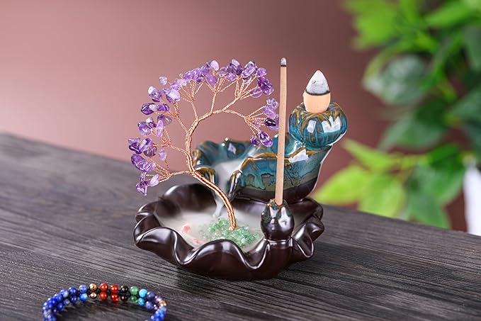 Jovivi Backflow Incense Burner Ceramic Incense Waterfall, Natural Amethyst Healing Crystal Money Tree Incense Holder for Wealth, Good Luck, Yoga Meditation, Home Decor - Bloomnest