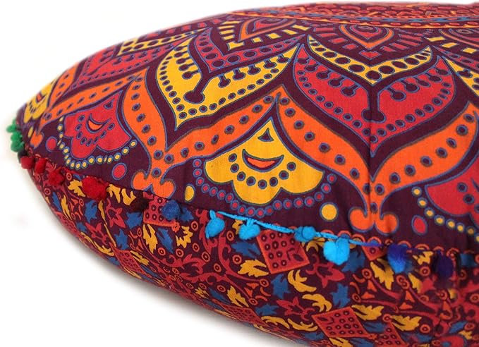 INDIAN CRAFT CASTLE New Orange Ombre 24" Mandala Barmeri Large Floor Pillow Cover Cushion Meditation Seating Ottoman Throw Cover Hippie Decorative Zipped Bohemian Pouf Ottoman Pom Pom Cases 24" Round - Bloomnest