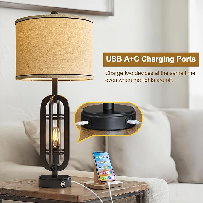 27.25'' Table Lamps Set of 2 for Living Room Bedroom Industrial Farmhouse Metal Touch Lamps with USB A+C Ports, Night Light Vintage Nightstand Bedside Lamp, Bulbs Included, Black - Bloomnest