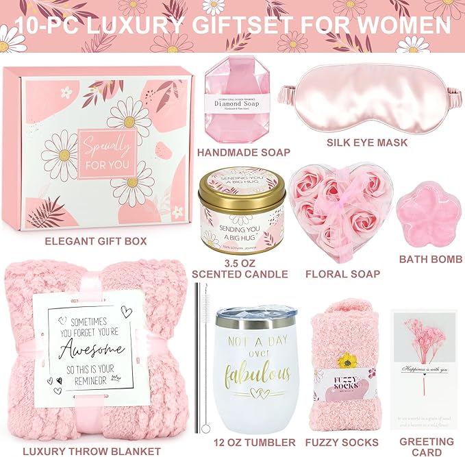 Birthday Gifts for Women, Self Care Get Well Soon Gifts Basket for Women, Flower Relaxing Spa Gift Basket Bath Set,Unique Luxury Self Care Box Gift for Mom Her Wife Sister Girlfriend, Girl Friend Pink - Bloomnest