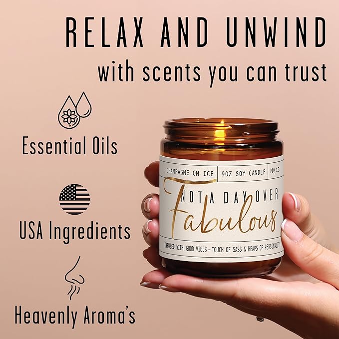 Birthday Gifts for Women Friendship -'Not a Day Over Fabulous' Soy Candle, w/Champagne on Ice I 40th 50th 60th 70th Happy Birthday Gifts for Mom, Grandma, Sister, Coworker, Aunt, Wife I Made in USA - Bloomnest