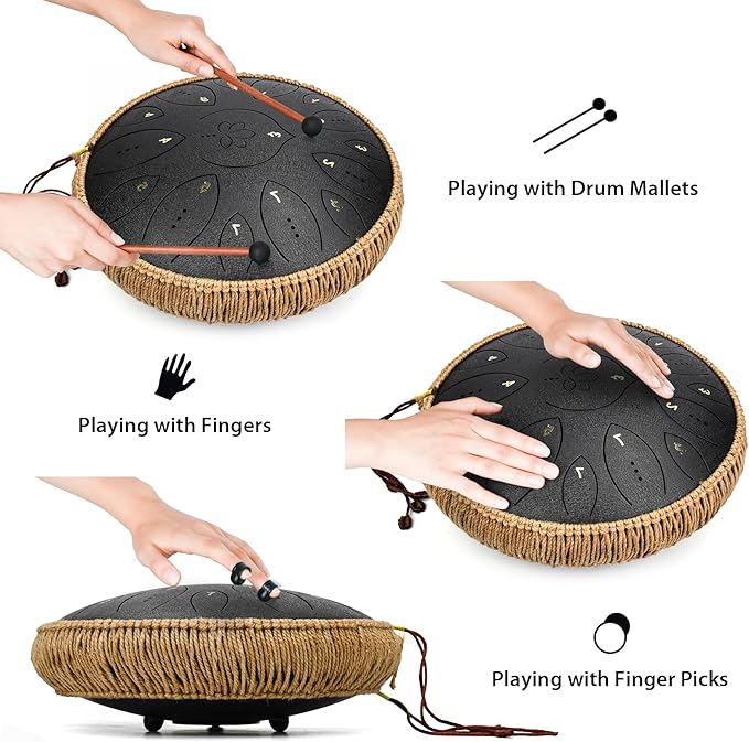 Steel Tongue Drum 13 Inches 15 Notes, Hand Pan Drums for Adults 440hz, C Major Handpan Musical Instrument with Song Book, Mallets and Carry Bag, Black - Bloomnest