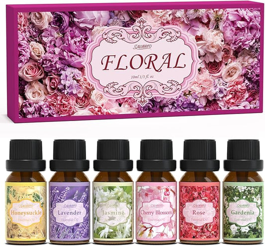 SALUBRITO Floral Fragrance Oils Set, Essential Oils for Diffuser & Candle Making Scents, 6x10ml Aromatherapy Oils Gift Set - Jasmine, Lavender, Rose, Gardenia, Cherry Blossom, Honeysuckle Oil - Bloomnest