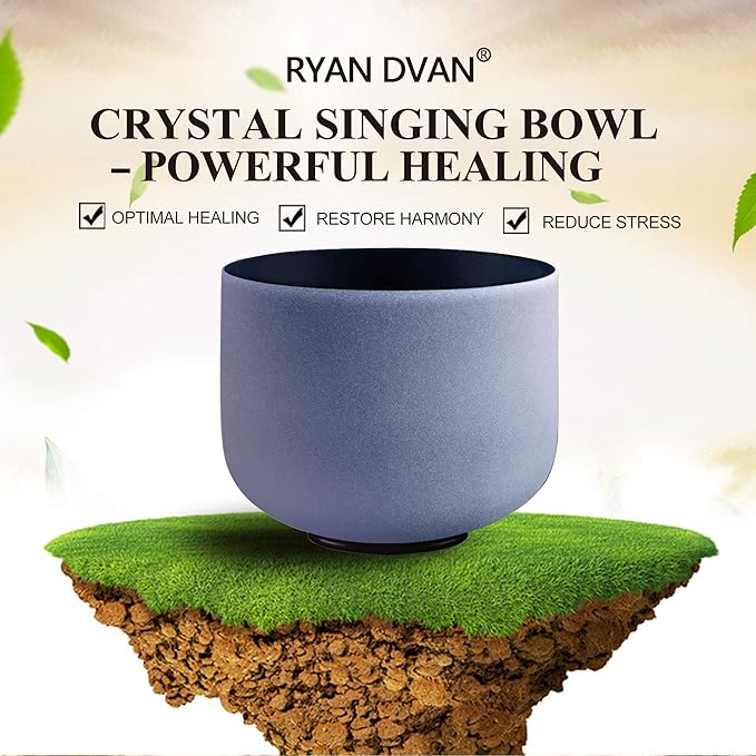 RYAN DVAN 8” A Note Indigo Frosted Third Eye Chakra Crystal Singing Bowl with Free Heavy-Duty Carrying Case and Suede Striker O-Ring - Bloomnest