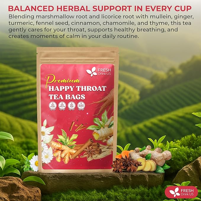 Premium Happy Throat Herbal Tea – 135 Bags Of Supper Tea Blend: Marshmallow Root, Slippery Elm & Ginger – Dry & Sore Throat Relief – Caffeine-Free, No Honey, No Citrus – No Sugar - Bloomnest