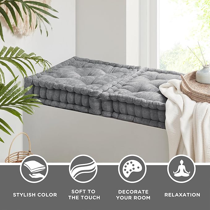 Codi INNA Floor Pillow, Cute Cushions Sitting for Adults - Square Tufted Chenille Pillows Seat for Meditation, Living Room, Reading Nook, Charcoal