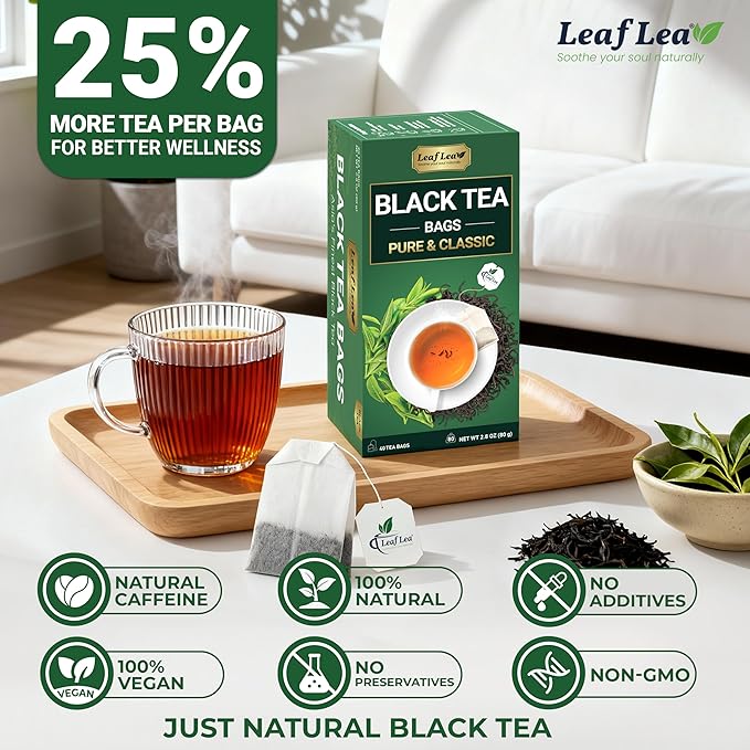 LeafLea 80 Black Tea Bags, Premium Black Tea Leaves, Rich Bright and Firmly Astringent, Promotes Digestive Comfort & Steady Alertness, Caffeinated, Sugar-Free, Vegan, Enjoy Hot or Iced - Bloomnest