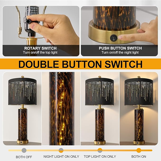 Oneach 27.75" Modern Table Lamps Set of 2, Gold Bedside Lamp with Leopard Glass Nightlight, USB A+C, Black Crystal Shade, Unique Desk Lamps for Living Room, Bedroom, Nightstand (2 Bulbs Included) - Bloomnest