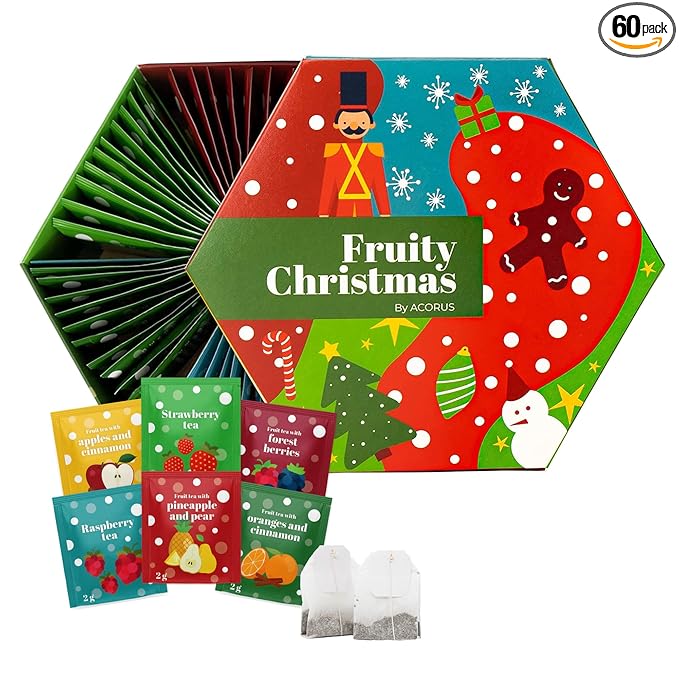 ACORUS Fruity Christmas Tea Set, Fruit Tea Gift Set, 60 Assorted Tea Bags Variety Pack, Fruit Tea Sampler, Specialty Tea Bags Individually Wrapped, Tea Gifts for Women, Men, Tea Lovers - Bloomnest