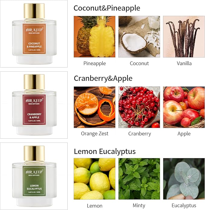 Airkeep Reed Diffuser Set of 3, Coconut Pineapple Lemon Eucalyptus Cranberry Apple Oil Reed Diffusers for Bedroom Living Room Office Aromatherapy Oil Reed Diffuser for Gift 50ml x 3 - Bloomnest