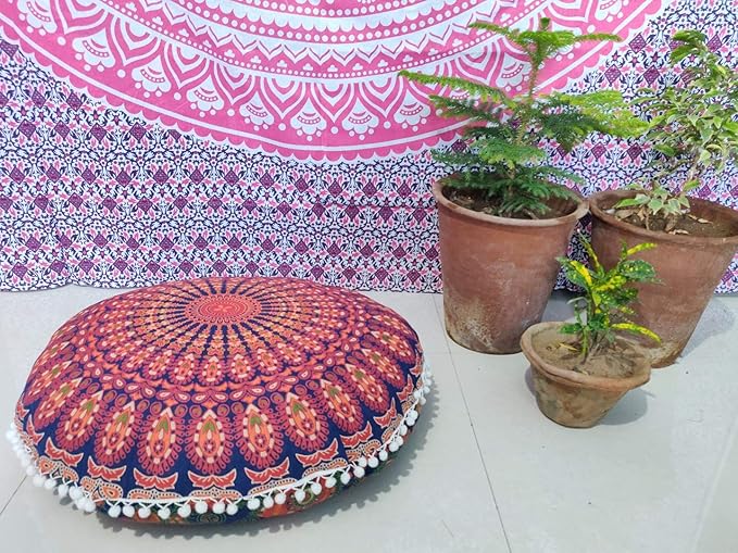 ICC 24" Orange Peacock Mandala Barmeri Large Floor Pillow Cover Cushion Meditation Seating Ottoman Throw Cover Hippie Decorative Zipped Bohemian Pouf Ottoman Pom Pom Cases 24" Round - Bloomnest