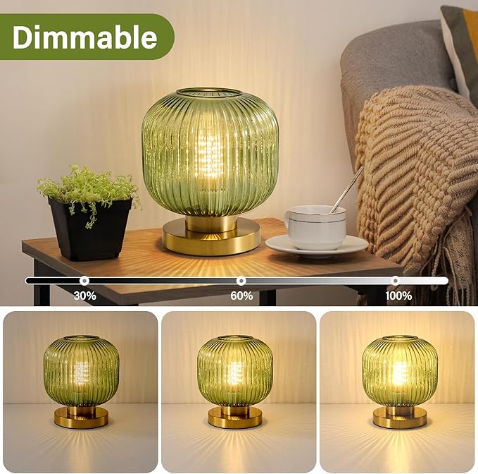 Mid Century Green Table Lamp: Vintage Ribbed Globe Pumpkin Glass Dimmable Plug in Small Bedside Lamps - Cute Brass Gold Modern Side Table Lamp Nightstand Light for Bedroom Entryway Desk Living Room - Bloomnest