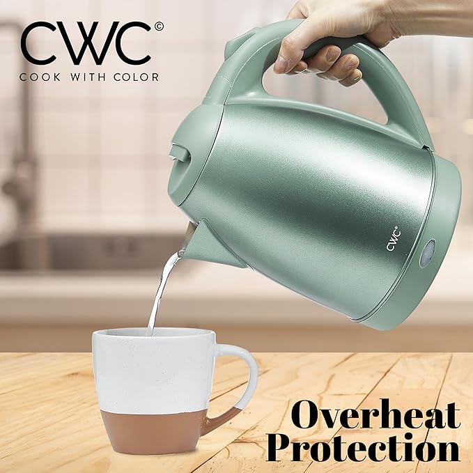 COOK WITH COLOR Electric Kettle - Rapid Boil, Sleek Design, and Safety Features - Great for Quick and Easy, Stainless Steel Sage, 1.7 Liters - Bloomnest