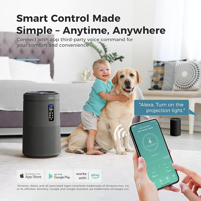 AROEVE Air Purifier for Large Rooms up to 1,782 Sq. Ft. with Star Projector, Smart WiFi, Air Quality Sensor, UV Function, and Washable Filter for Whole Home Use for a Cozy Holiday, MK09W Black - Bloomnest
