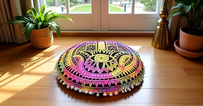 CRAFT KALA Large Round Bohemian Floor Pillow Pouf Cover Mandala Meditation Room Pillow Cover for Adults Boho Seating Poufs Cushion Cover for Kids Playroom Multi Hamsa 32" Round - Bloomnest