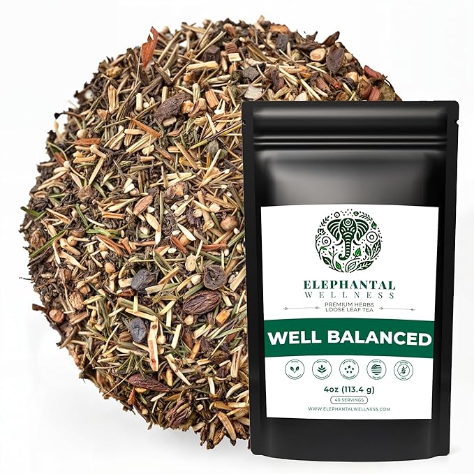 Elephantal Wellness Premium Well Balanced Herbal Tea | Healthy Cortisol, Adaptogenic Stress Energy Support with Ashwagandha, Goji, Reishi, Holy Basil & Lion’s Mane, Caffeine-Free, Non-GMO, 4 oz - Bloomnest