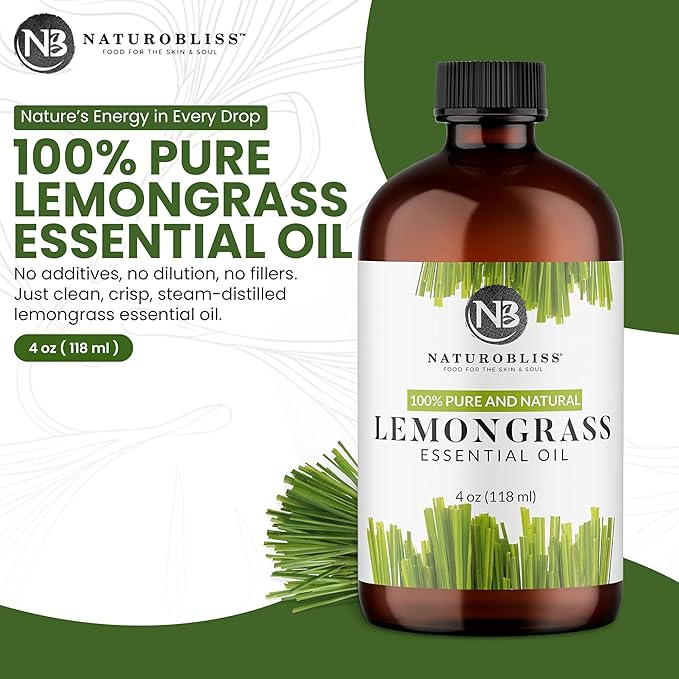 NaturoBliss 100% Pure Lemongrass Essential Oil Therapeutic Grade Premium Quality (4 fl. oz) with Glass Dropper, Perfect for Aromatherapy - Bloomnest