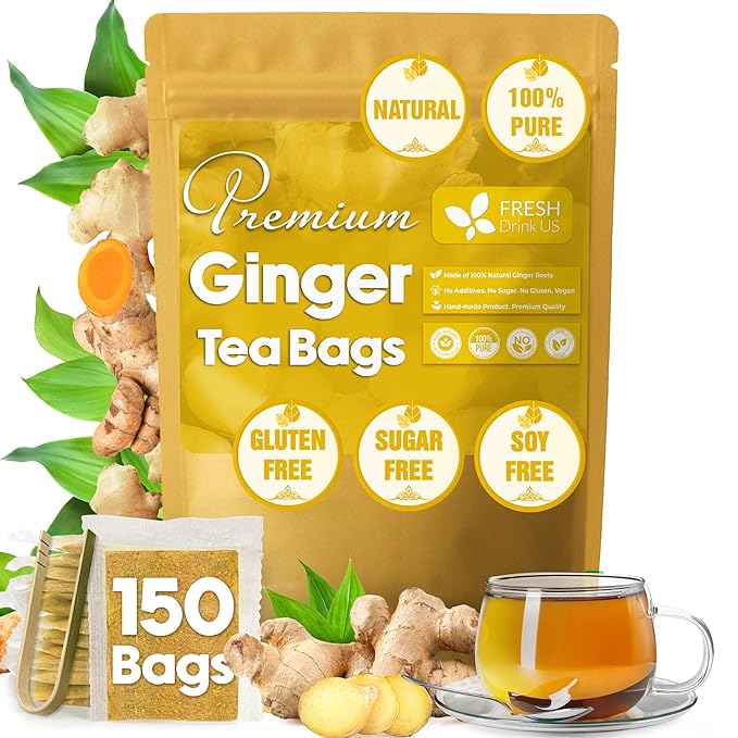 FreshDrinkUS, 150 Premium Ginger Tea Bags, Non GMO, 100% Natural & Pure from Ginger Root, Root Herbal Tea. No Sugar, No Caffeine, No Gluten, Vegan. Support Stronger Digestion, Pleasantly Spicy & Warming - Bloomnest