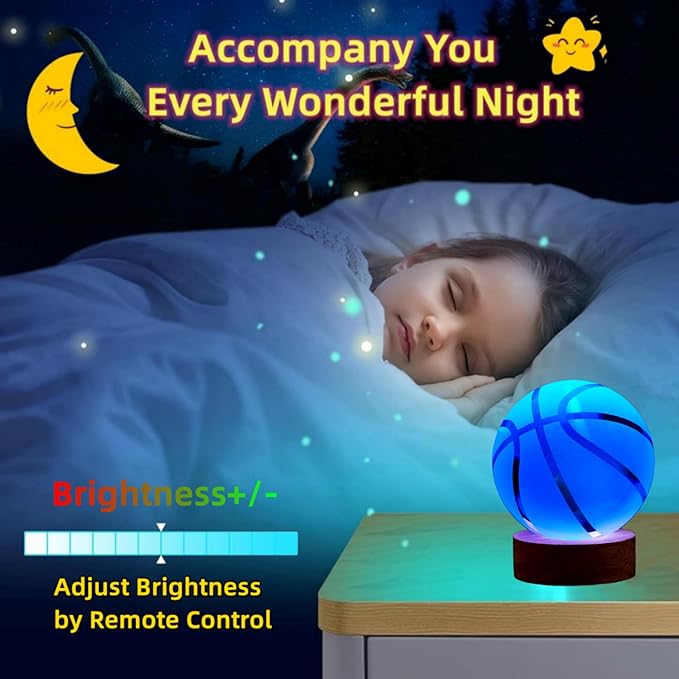 Basketball Crystal Ball Lamp,3.15 inch 3D K9 Crystal Ball Night Light with Wooden Base,Basketball Lamp Light, Gifts for Boys,16 Colors Change with Remote Control (K) - Bloomnest