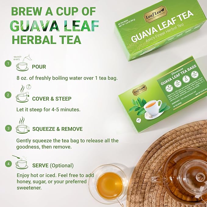 LeafLea Guava Leaf Tea, 80 Fresh-Sealed Tea Bags, Herbal Tea Made from Natural Guava Leaves (Hojas de Guayaba), Digestive Support & Immune Balance, Caffeine-Free, Sugar-Free, Pack of 2 - Bloomnest