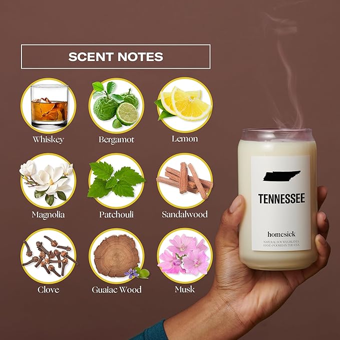 Homesick Scented Candles for Home (Tennessee) - 13.75 oz Long-Lasting Soy Wax Jar Candle for Women & Men for All Occasions, 60-80 Hours Burn Time - Notes of Patchouli, Sandalwood & Tonka Bean - Bloomnest