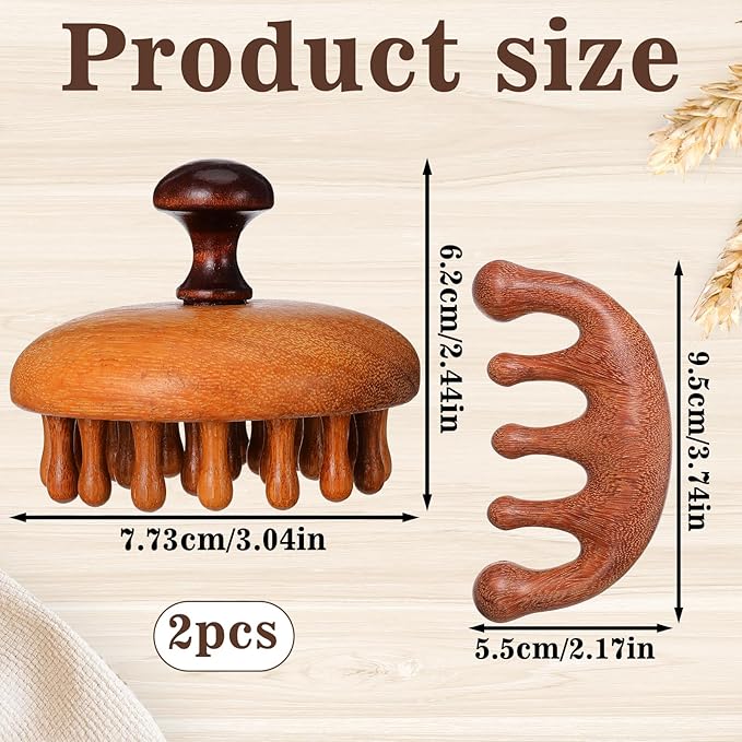 Trinkrittey 2 Pack Wooden Scalp Massager Comb Wooden Hair Brush Head Gua Sha Brush Hair Scrubber Portable Handheld Hairs Growth Tool for Women Men Hairs Growth Stress Relief Spa Bloomnest