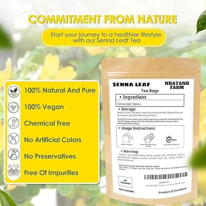 NHAT ANH FARM - Premium Senna Leaf Tea Bags, 40 Senna Leaf Tea Bags, 100% Natural Dried Senna Leaf, Naturally Sweet Herbal Tea, Sugar-Free, Caffeine-Free, No Additives. - Bloomnest