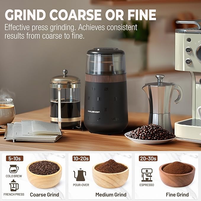 HAUSHOF Coffee Grinder Electric, One Touch Design, Spice, Herb, Grinder for Coffee Bean Spices and Seeds with 1 Removable Stainless Steel Bowl, Dry Grinder-Black - Bloomnest