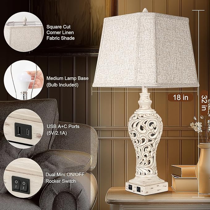 32" Tall Table Lamps Set of 2 - Bedside Lamp with Fabric Shades - for Bedroom and Living Room with USB and Nightlight - Perfect for Nightstands and Bedrooms - Bulbs Included - Bloomnest