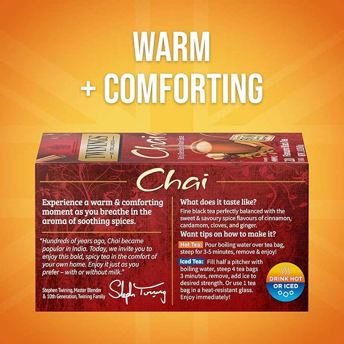 Twinings Chai Black Tea Individually Wrapped Bags, 20 Count (Pack of 6), Sweet, Savoury Spices, Caffeinated, Enjoy Hot or Iced, 120 Teabags - Bloomnest